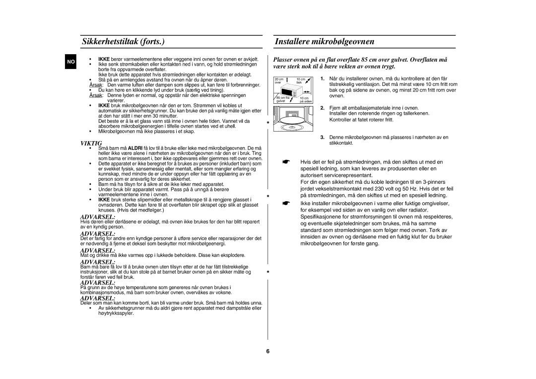 Samsung CE1071C/XEE manual Sikkerhetstiltak forts Installere mikrobølgeovnen, Viktig 