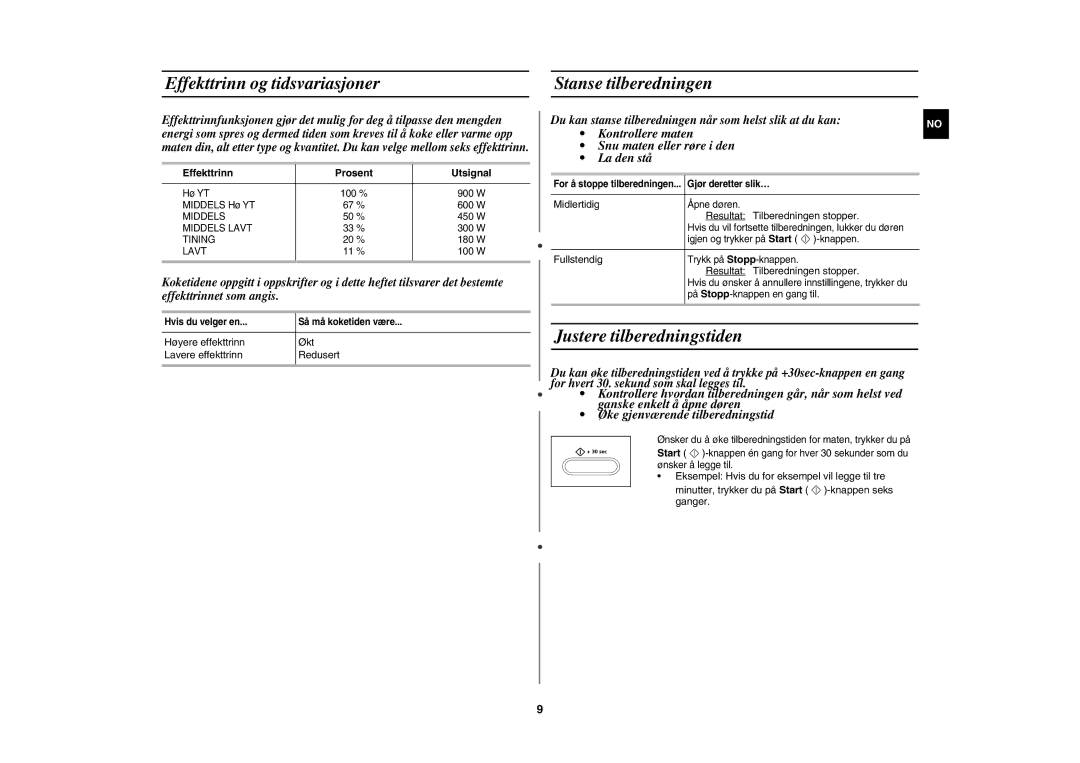 Samsung CE1071C/XEE manual Effekttrinn og tidsvariasjoner Stanse tilberedningen, Justere tilberedningstiden 