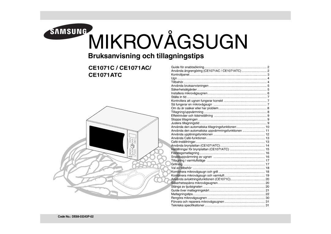 Samsung CE1071C/XEE manual Mikrovågsugn, Code No. DE68-03343P-02 