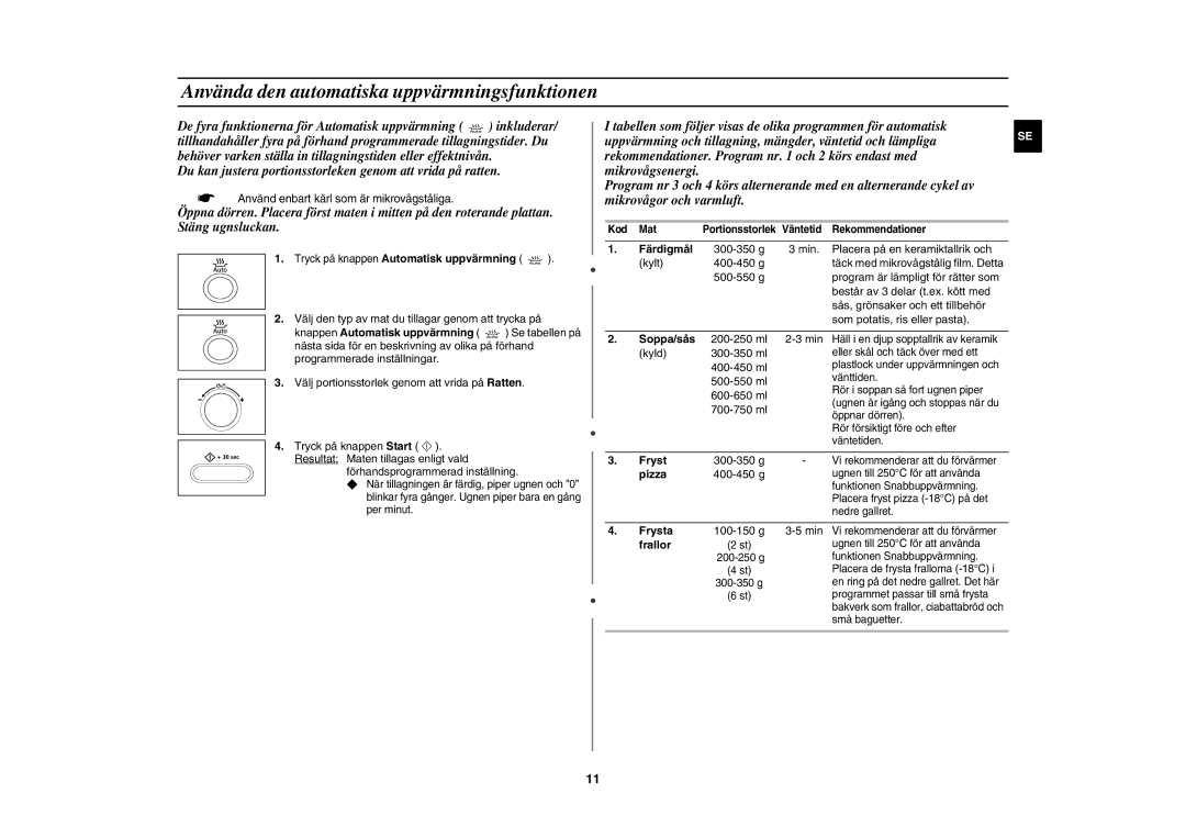 Samsung CE1071C/XEE manual Använda den automatiska uppvärmningsfunktionen 