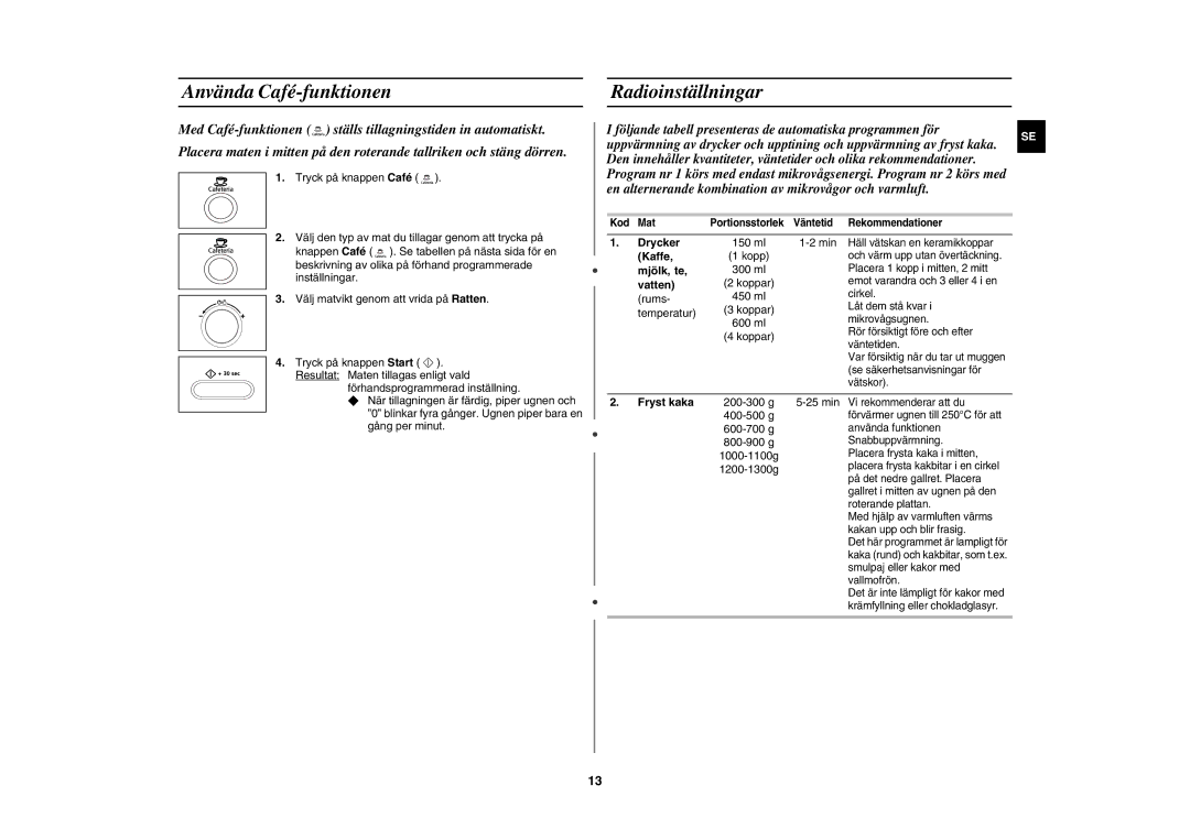 Samsung CE1071C/XEE manual Använda Café-funktionen Radioinställningar 