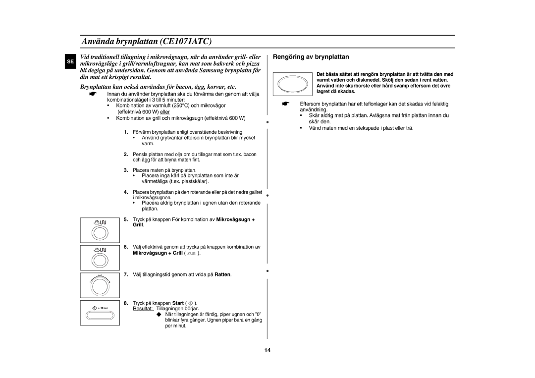 Samsung CE1071C/XEE manual Använda brynplattan CE1071ATC, Använd grytvantar eftersom brynplattan blir mycket varm, Grill 