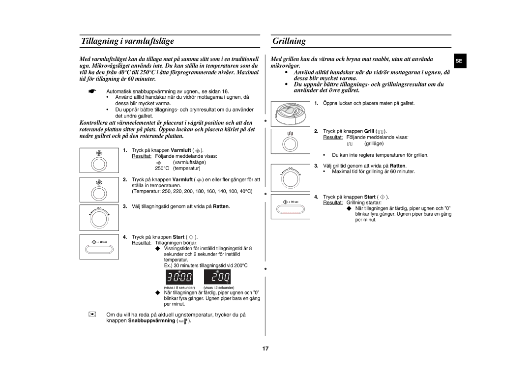 Samsung CE1071C/XEE manual Tillagning i varmluftsläge Grillning 