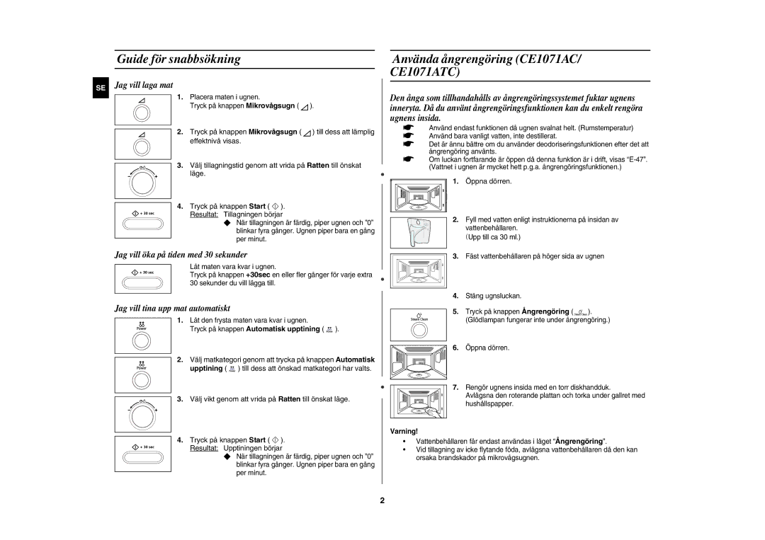 Samsung CE1071C/XEE manual Guide för snabbsökning, Använda ångrengöring CE1071AC CE1071ATC, Öppna dörren, Varning 