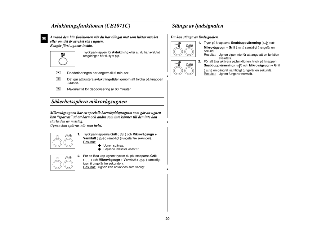 Samsung CE1071C/XEE manual Avluktningsfunktionen CE1071C Stänga av ljudsignalen, Säkerhetsspärra mikrovågsugnen 