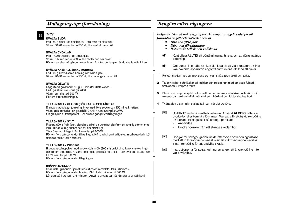 Samsung CE1071C/XEE manual Matlagningstips fortsättning Rengöra mikrovågsugnen, Tips 