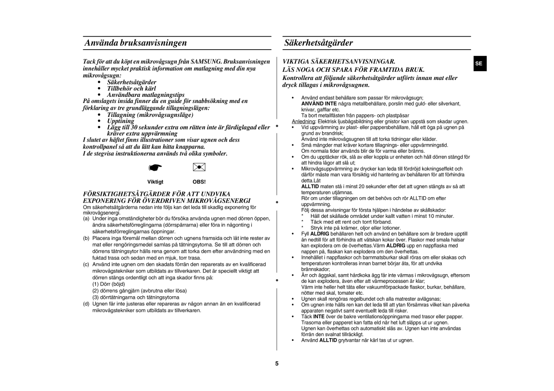 Samsung CE1071C/XEE manual Använda bruksanvisningen Säkerhetsåtgärder, ViktigtOBS 