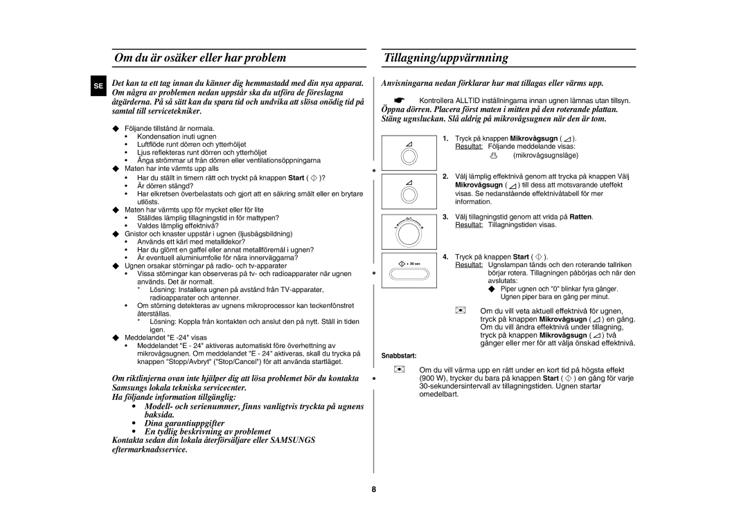 Samsung CE1071C/XEE manual Om du är osäker eller har problem Tillagning/uppvärmning, Snabbstart 