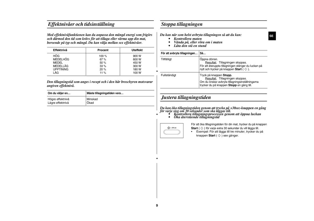 Samsung CE1071C/XEE manual Effektnivåer och tidsinställning Stoppa tillagningen, Justera tillagningstiden 