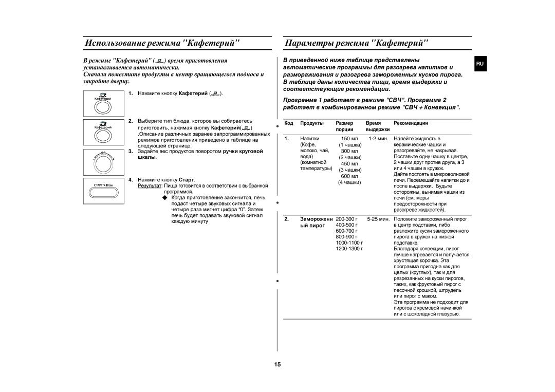 Samsung CE1071R/BWT manual Использование режима Кафетерий, Параметры режима Кафетерий, Чашка, Чашки, Ый пирог 