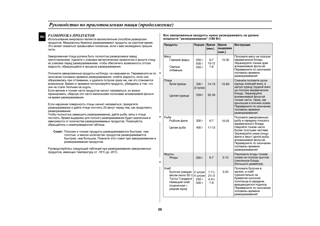 Samsung CE1071R/BWT manual Разморозка Продуктов, Целая курица 