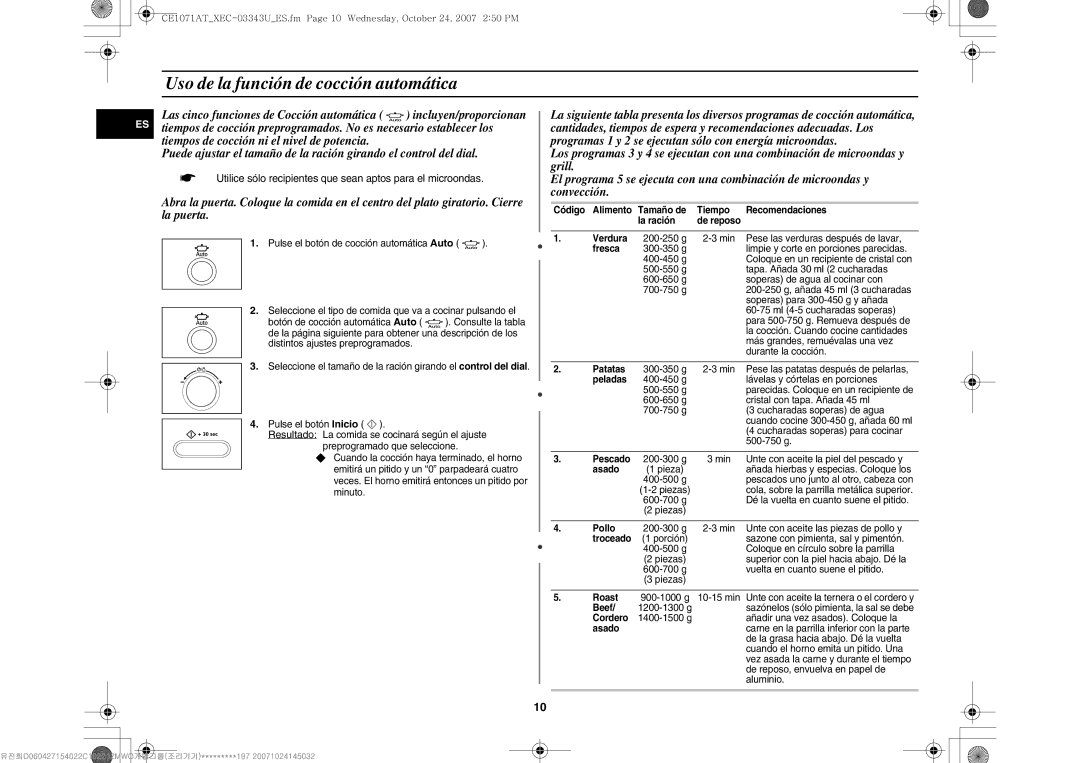 Samsung CE1071/XEC, CE1071-S/XEC manual Uso de la función de cocción automática 