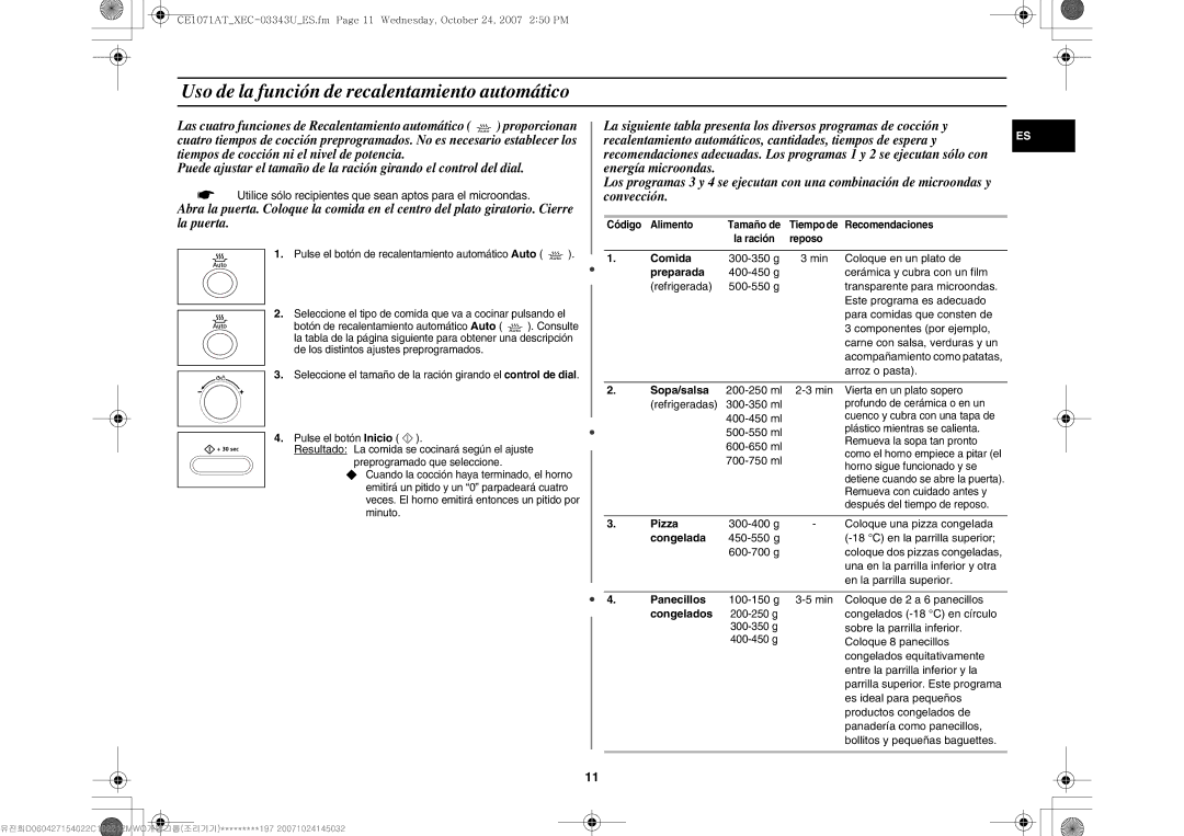 Samsung CE1071-S/XEC, CE1071/XEC manual Uso de la función de recalentamiento automático 