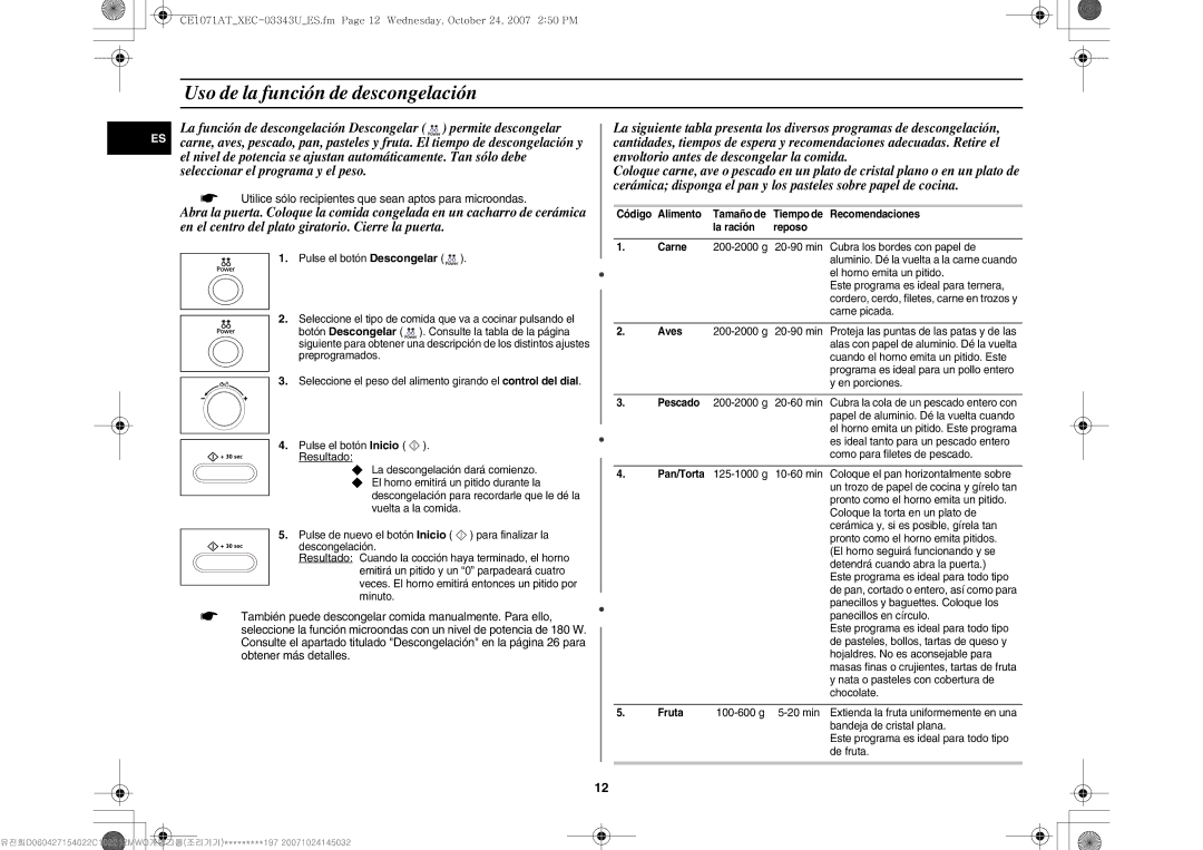 Samsung CE1071/XEC manual Uso de la función de descongelación,  Utilice sólo recipientes que sean aptos para microondas 