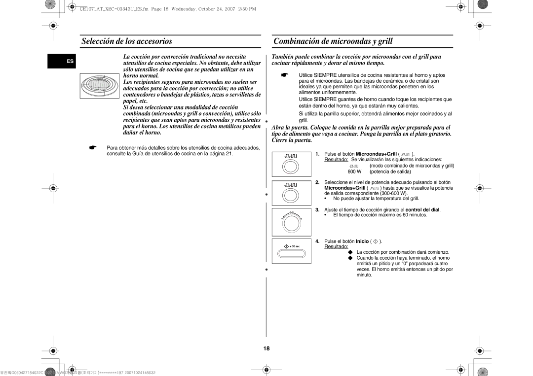Samsung CE1071/XEC, CE1071-S/XEC manual Selección de los accesorios, Combinación de microondas y grill 