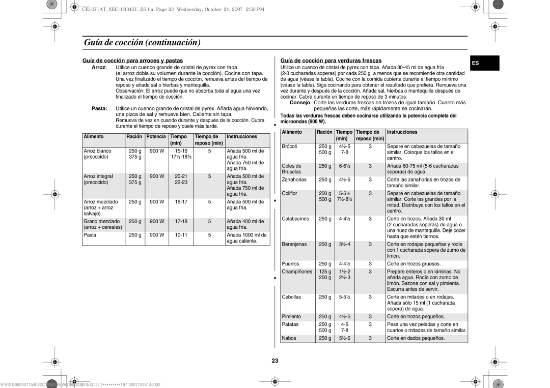 Samsung CE1071-S/XEC, CE1071/XEC manual Guía de cocción continuación, Guía de cocción para arroces y pastas 