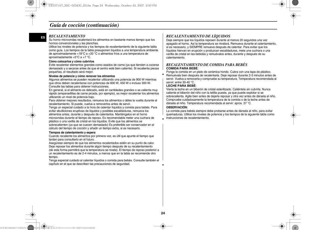 Samsung CE1071/XEC, CE1071-S/XEC manual Recalentamiento DE Líquidos, Recalentamiento DE Comida Para Bebés, Observación 