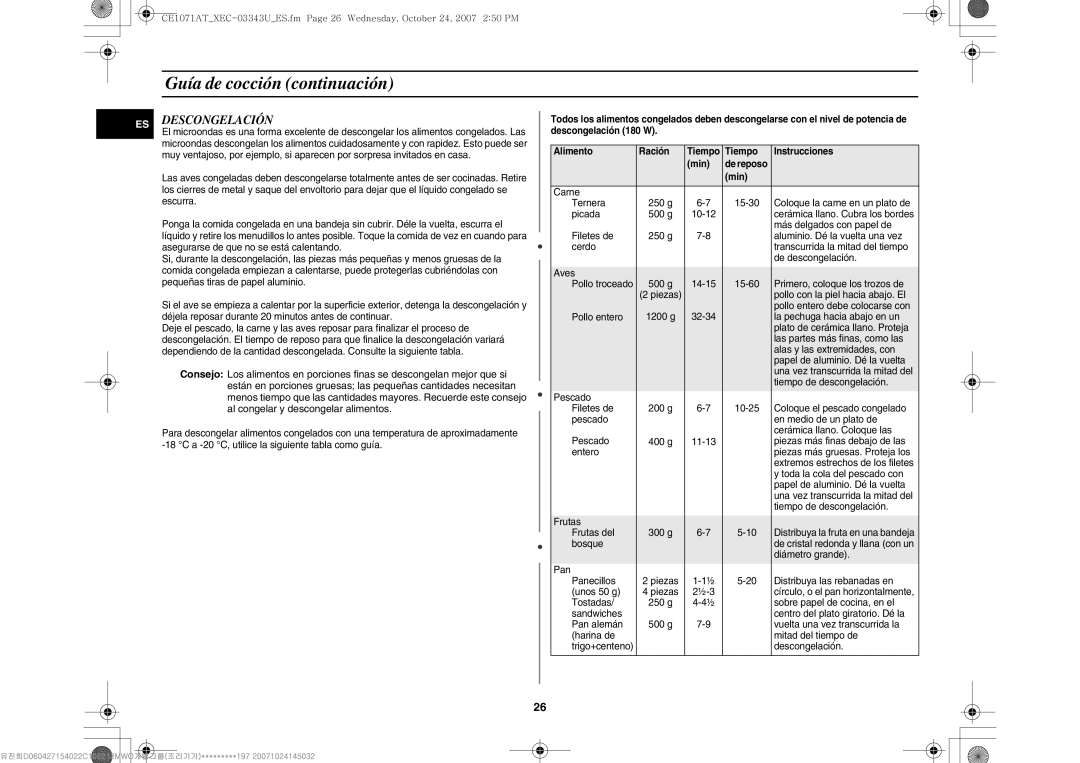 Samsung CE1071/XEC, CE1071-S/XEC manual Descongelación 