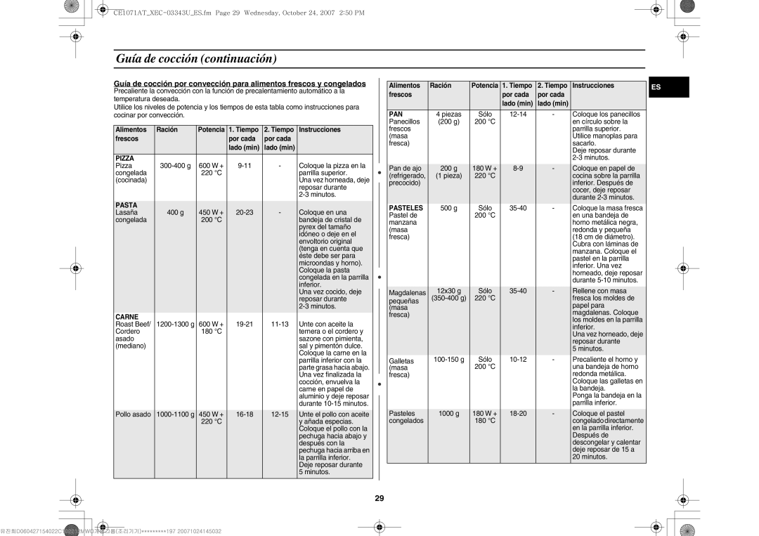 Samsung CE1071-S/XEC, CE1071/XEC manual Pizza, Pasta, Carne, Pan, Pasteles 