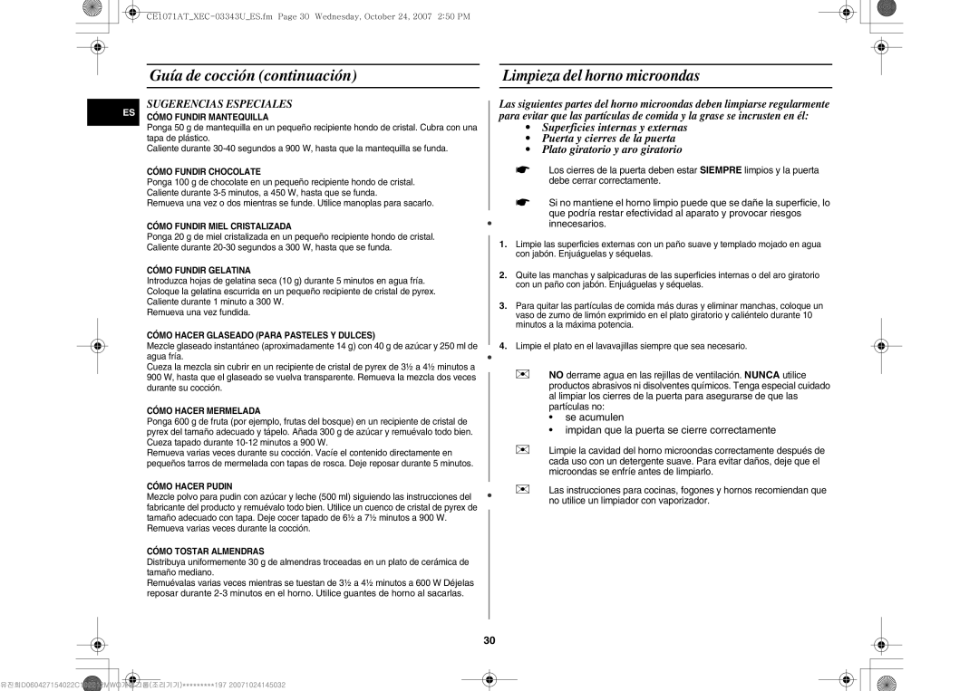 Samsung CE1071/XEC, CE1071-S/XEC manual Limpieza del horno microondas, Sugerencias Especiales 