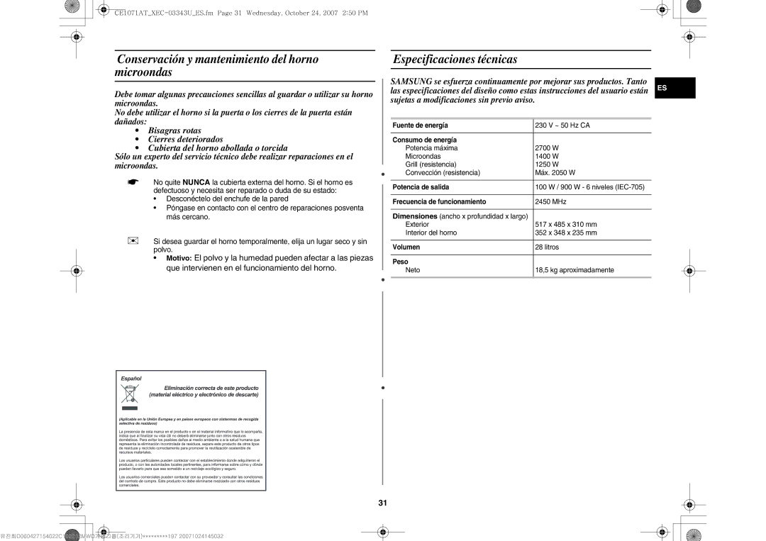 Samsung CE1071-S/XEC, CE1071/XEC manual Conservación y mantenimiento del horno microondas, Especificaciones técnicas 