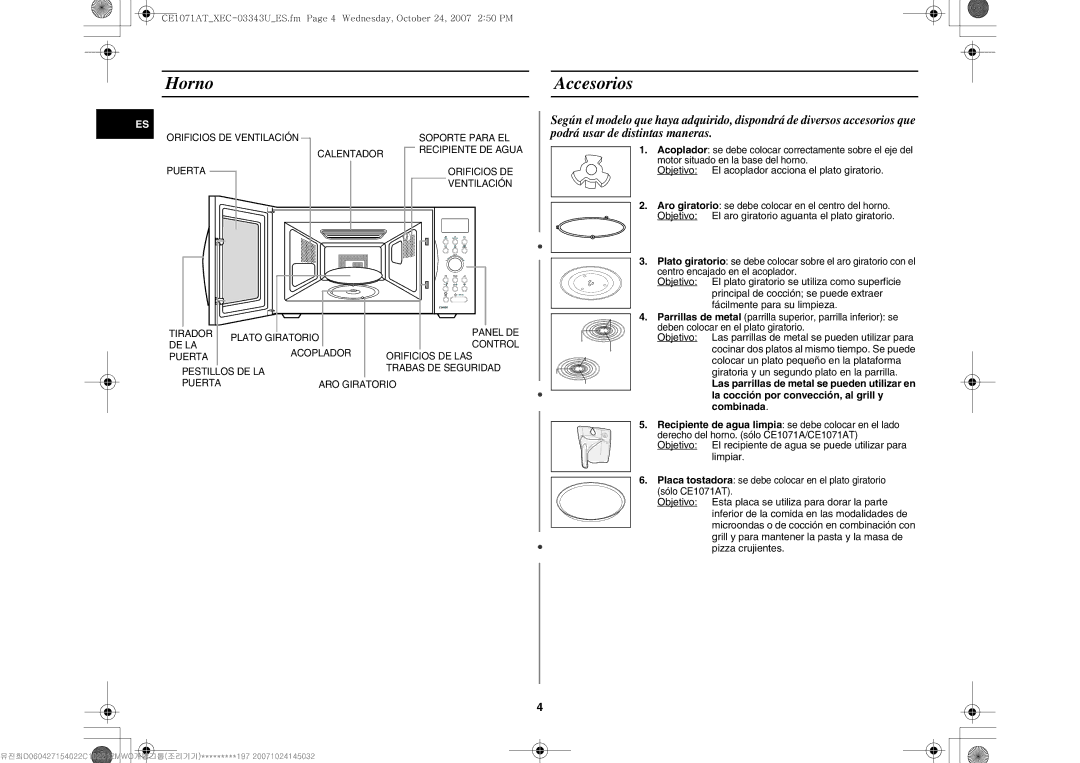 Samsung CE1071/XEC, CE1071-S/XEC manual Horno, Accesorios, Objetivo El acoplador acciona el plato giratorio 