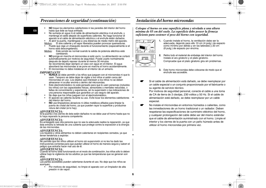 Samsung CE1071/XEC manual Precauciones de seguridad continuación, Instalación del horno microondas, Importante, Advertencia 