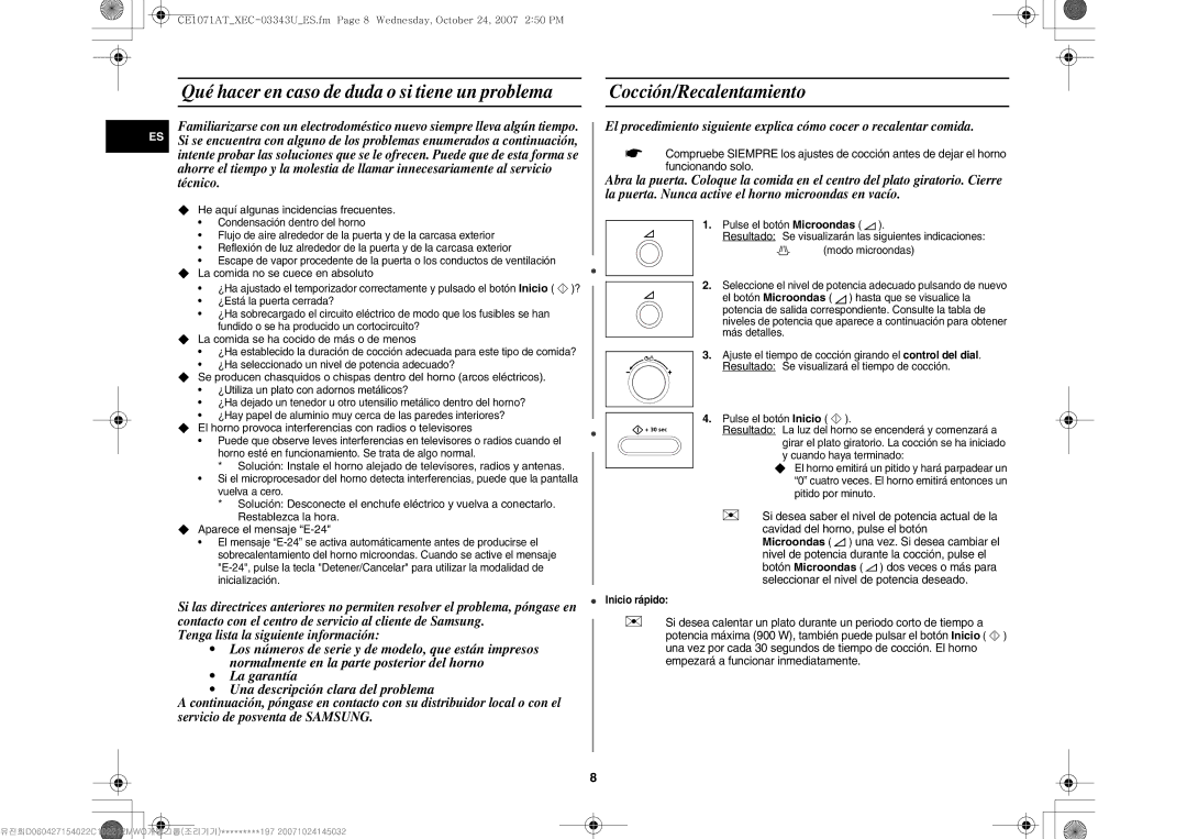 Samsung CE1071/XEC manual  He aquí algunas incidencias frecuentes,  La comida no se cuece en absoluto, Inicio rápido 