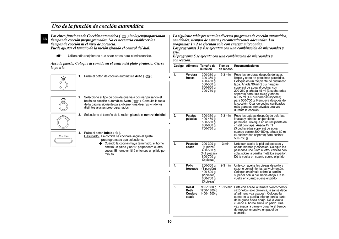 Samsung CE1071/XEC, CE1071-S/XEC manual Uso de la función de cocción automática 