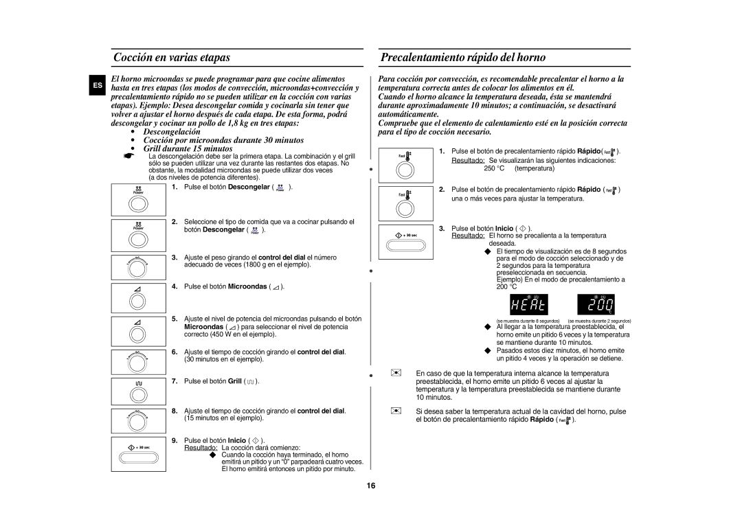 Samsung CE1071/XEC, CE1071-S/XEC manual Cocción en varias etapas, Precalentamiento rápido del horno 