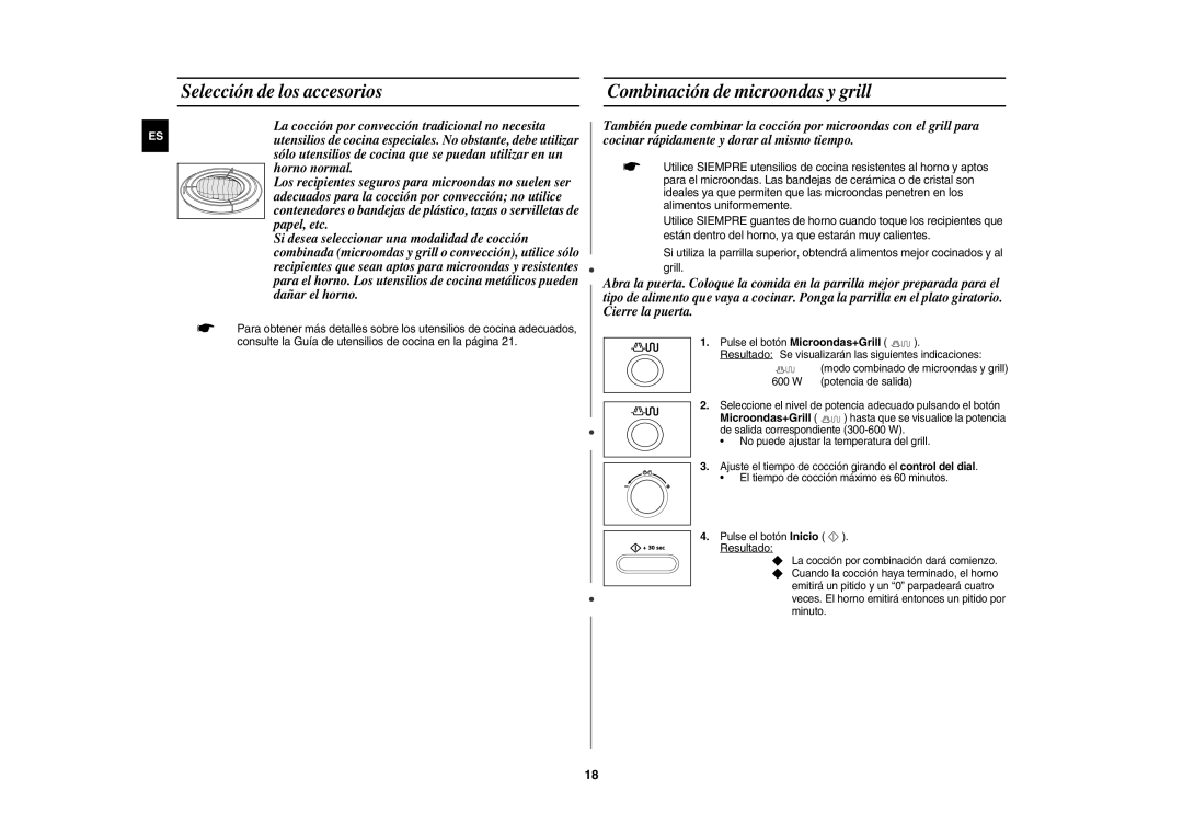 Samsung CE1071/XEC, CE1071-S/XEC manual Selección de los accesorios, Combinación de microondas y grill 