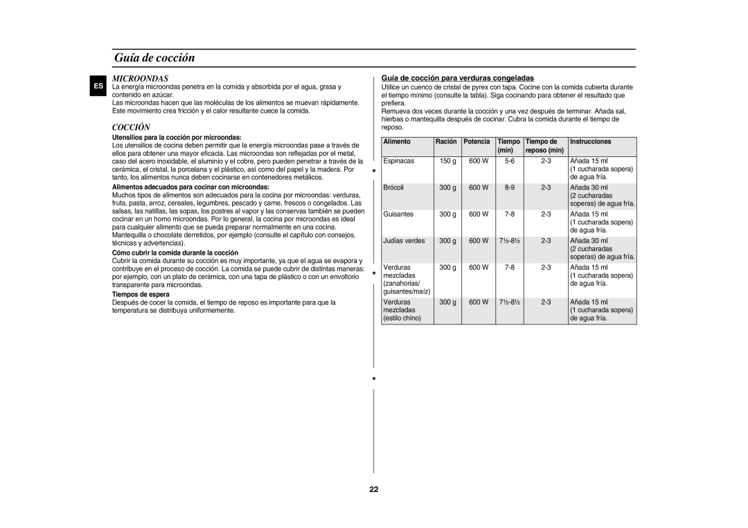 Samsung CE1071/XEC, CE1071-S/XEC manual Microondas, Cocción, Guía de cocción para verduras congeladas 