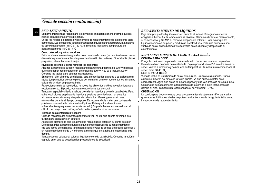 Samsung CE1071/XEC, CE1071-S/XEC manual Recalentamiento DE Líquidos, Recalentamiento DE Comida Para Bebés, Observación 