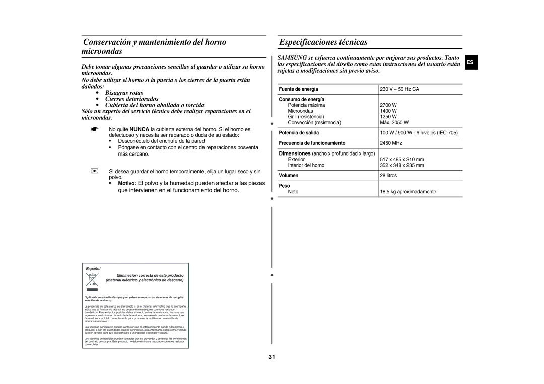 Samsung CE1071-S/XEC, CE1071/XEC manual Conservación y mantenimiento del horno microondas, Especificaciones técnicas 