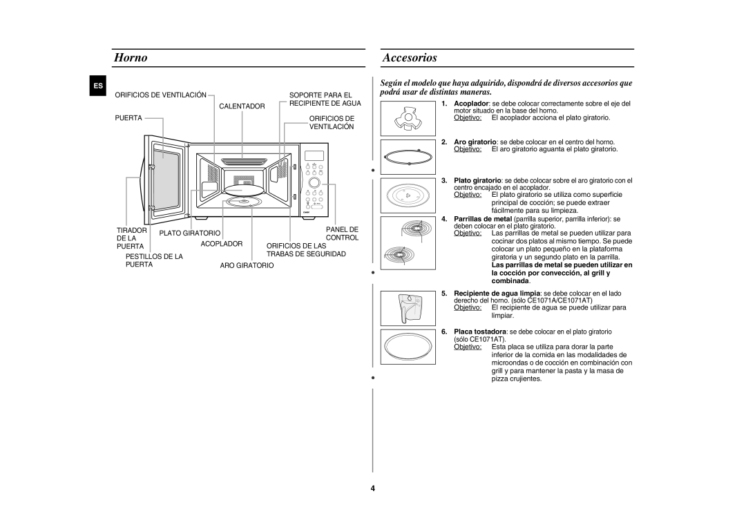 Samsung CE1071/XEC, CE1071-S/XEC manual Horno Accesorios, Objetivo El acoplador acciona el plato giratorio 