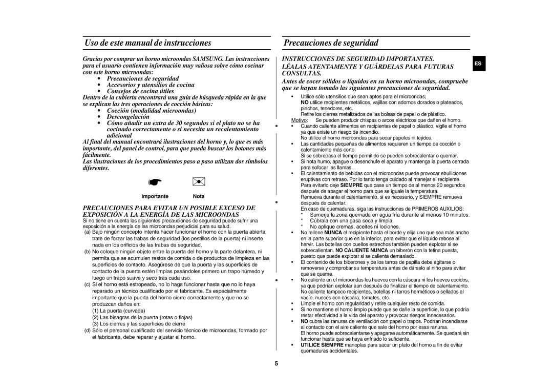 Samsung CE1071-S/XEC, CE1071/XEC Uso de este manual de instrucciones, Precauciones de seguridad, Importante Nota 