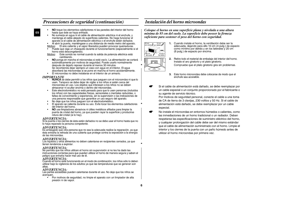 Samsung CE1071/XEC manual Precauciones de seguridad continuación, Instalación del horno microondas, Importante, Advertencia 