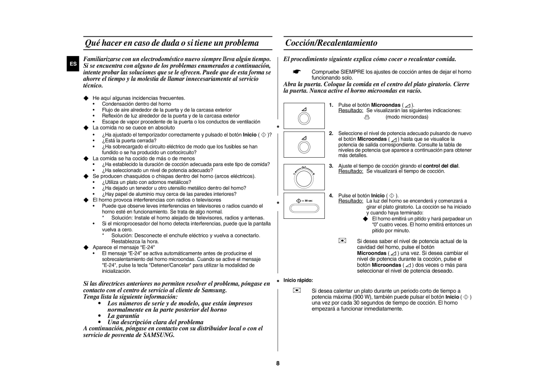 Samsung CE1071/XEC manual  He aquí algunas incidencias frecuentes,  La comida no se cuece en absoluto, Inicio rápido 