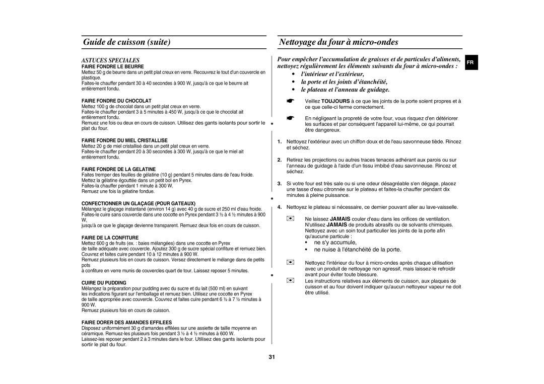 Samsung CE1071/XEF manual Guide de cuisson suite Nettoyage du four à micro-ondes, Astuces Speciales 