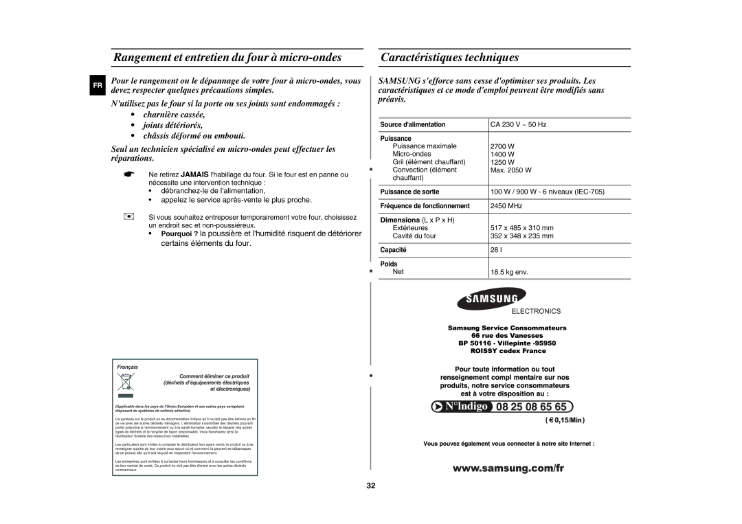 Samsung CE1071/XEF manual Rangement et entretien du four à micro-ondes, Caractéristiques techniques, Dimensions L x P x H 