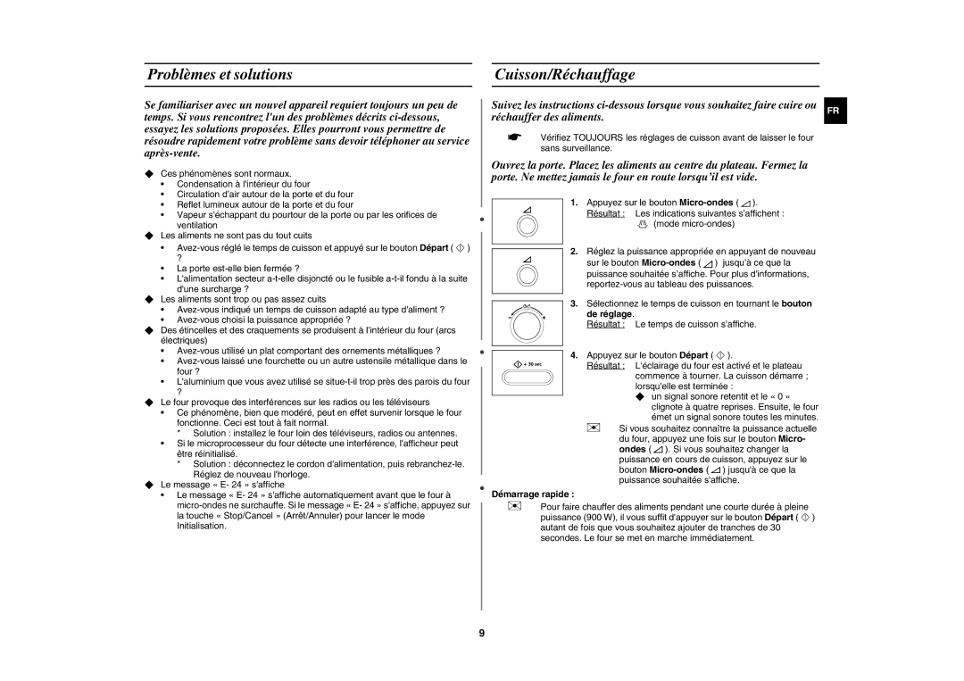 Samsung CE1071/XEF manual Problèmes et solutions, Cuisson/Réchauffage, Démarrage rapide 