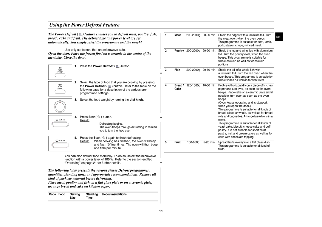 Samsung CE1073A-S/BAL manual Using the Power Defrost Feature,  Use only containers that are microwave-safe 