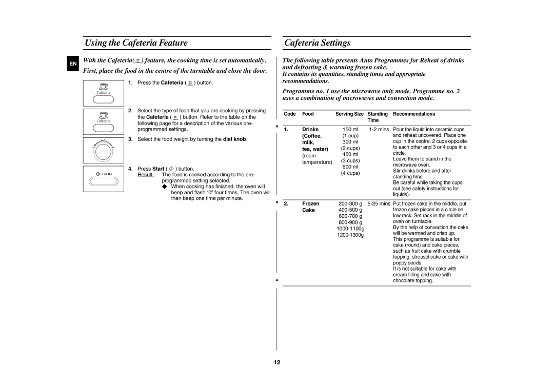 Samsung CE1073A-S/BAL manual Using the Cafeteria Feature Cafeteria Settings 