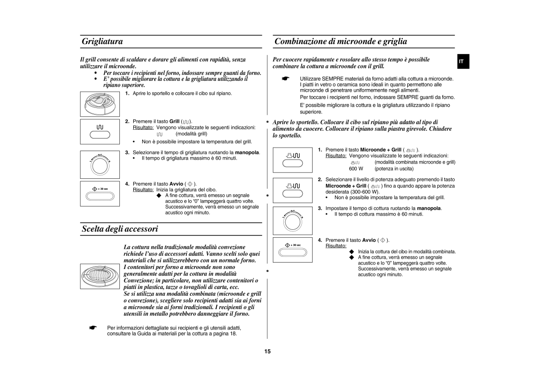 Samsung CE107B/XET, CE107B-S/XET manual Grigliatura Combinazione di microonde e griglia, Scelta degli accessori 