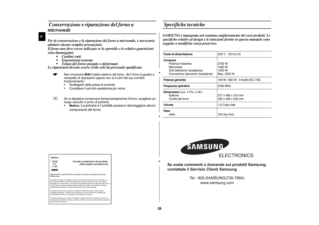 Samsung CE107B-S/XET, CE107B/XET manual Conservazione e riparazione del forno a microonde, Specifiche tecniche 