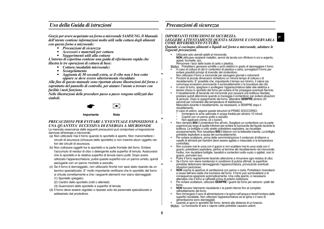 Samsung CE107B/XET, CE107B-S/XET manual Uso della Guida di istruzioni Precauzioni di sicurezza, Importante Nota 