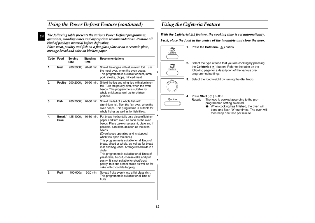 Samsung CE107BA-S/XEH manual Using the Cafeteria Feature 