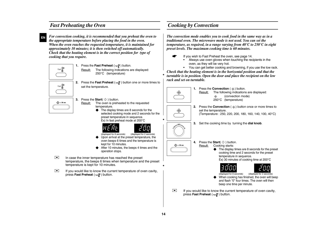 Samsung CE107BA-S/XEH manual Fast Preheating the Oven Cooking by Convection, Press the Fast Preheat, 250C temperature 