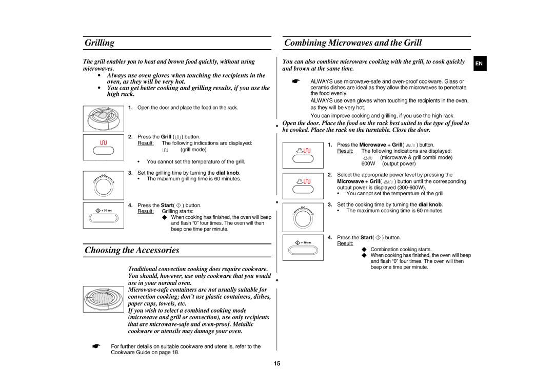 Samsung CE107BA-S/XEH manual Grilling Combining Microwaves and the Grill, Choosing the Accessories 