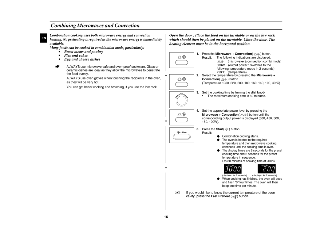 Samsung CE107BA-S/XEH manual Combining Microwaves and Convection, Press the Microwave + Convection button 